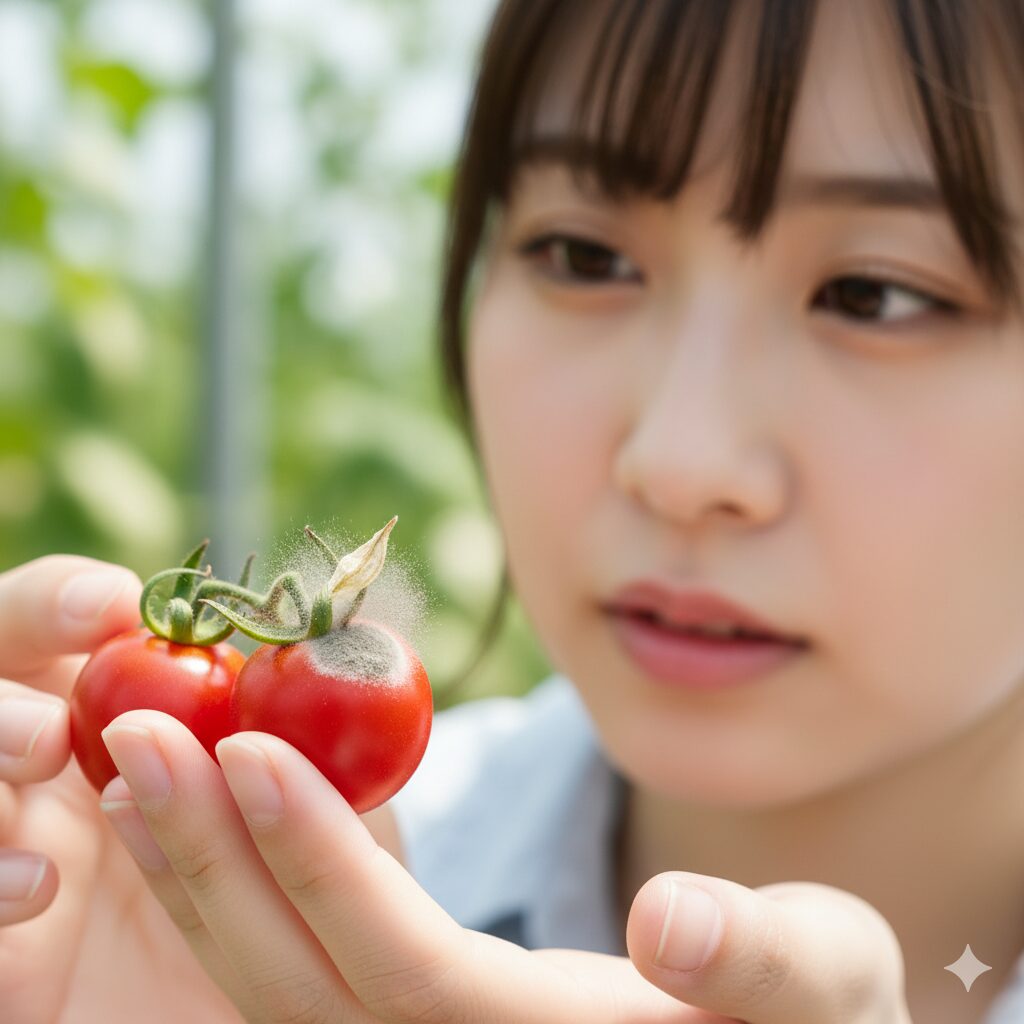 トマトのヘタ(ガク)に残った花弁から灰色かび病が発生している様子