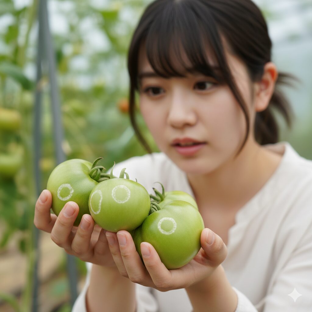 トマトの緑色の果実に現れた灰色かび病の「ゴーストスポット」(白い輪状の斑点)