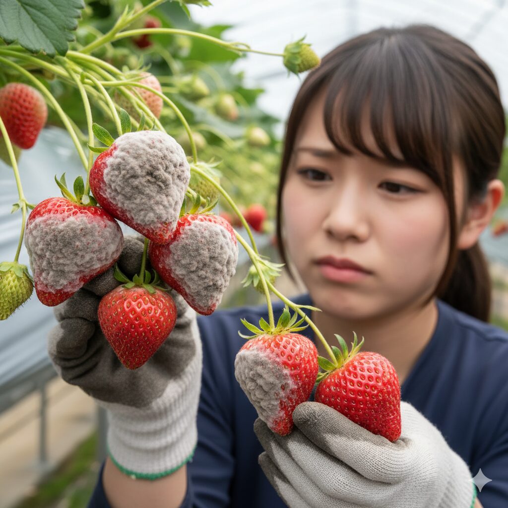 収穫間近のイチゴが灰色かび病で腐敗し、灰色の胞子に覆われている状態