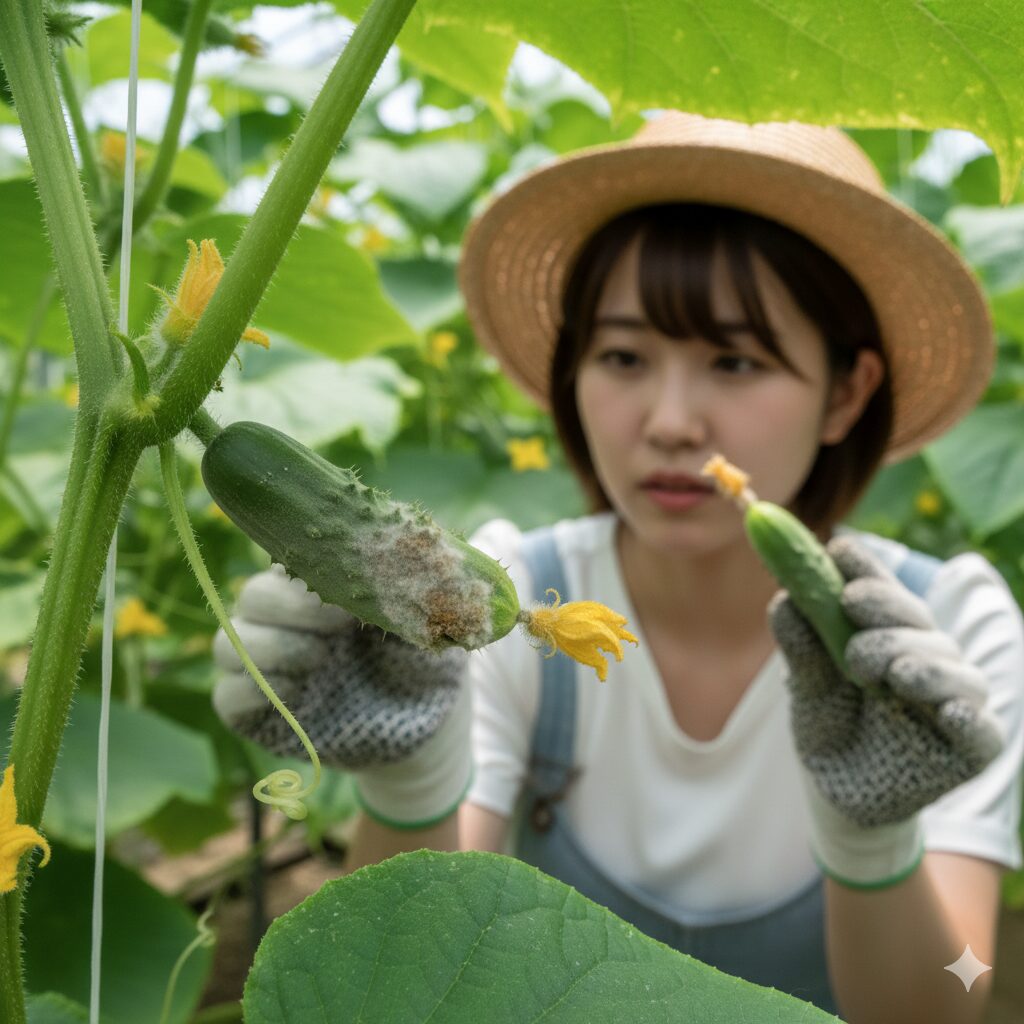 キュウリの幼果(小さい実)が花落ち部から灰色かび病に感染し腐敗している様子