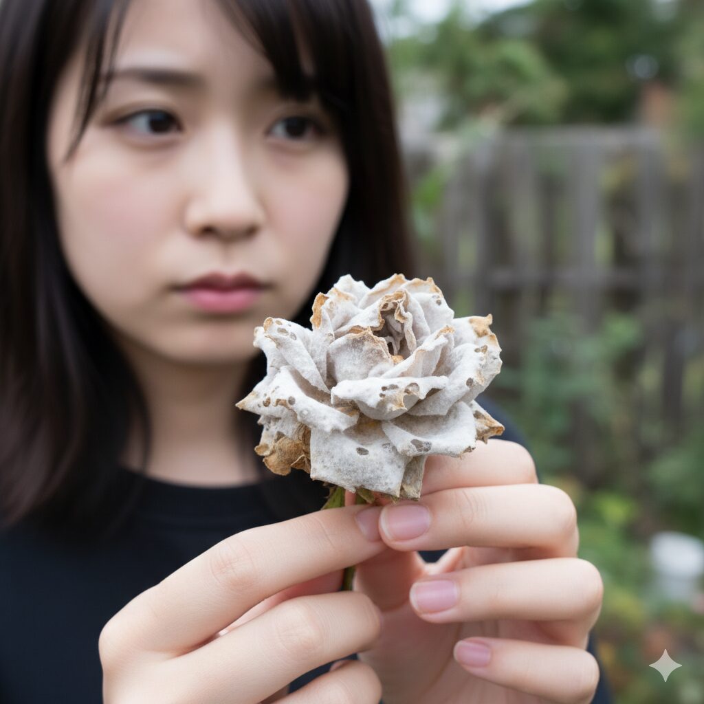 バラの花弁に灰色かび病が発生し、水がしみたような斑点(シミ)とカビが出ている状態