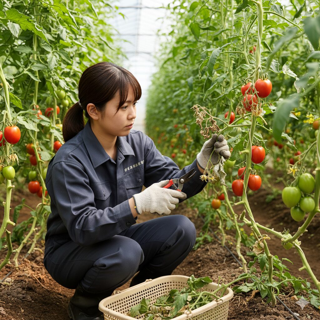 灰色かび病の予防対策として、感染したトマトの葉や花がらをハサミで除去する作業