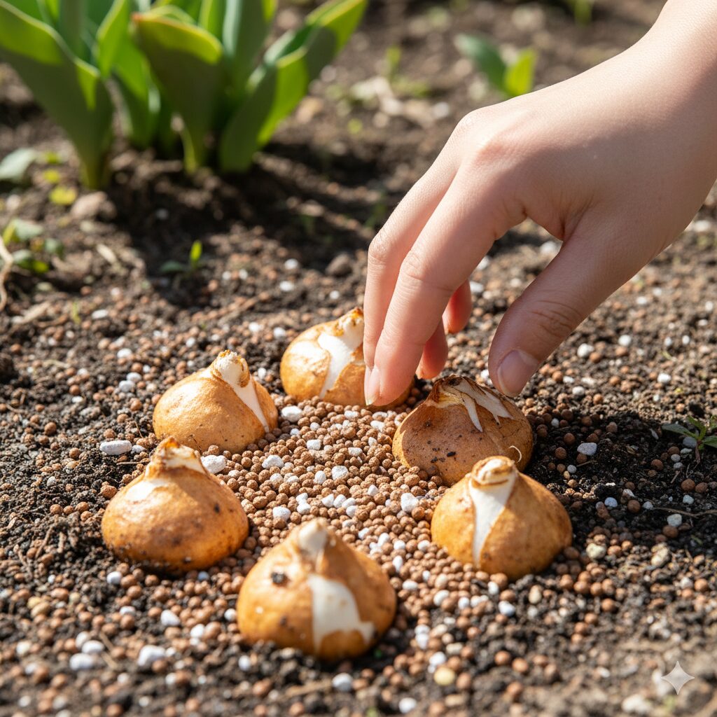 植え付けられたチューリップの球根と、その周りに散布されている緩効性固形肥料のクローズアップ画像。球根植物の元肥の重要性を示す。