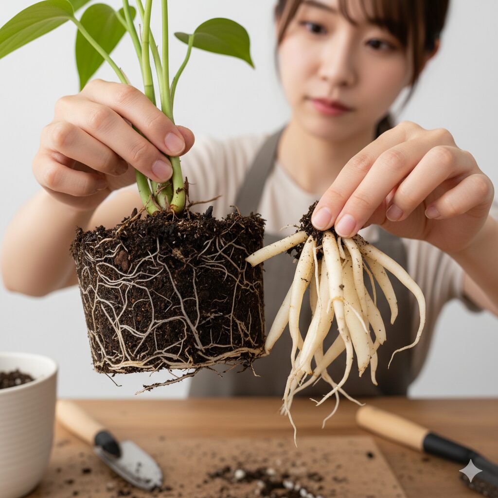 植え替え時に確認された、黒く傷んだ根（肥料焼けによる根の損傷）のクローズアップ。健康な根との対比。