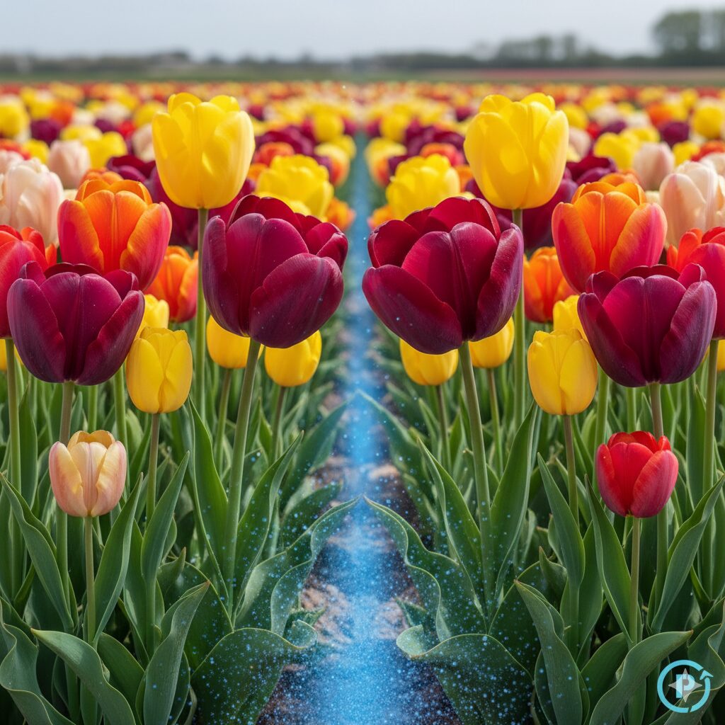 鮮やかで大きな花を咲かせているチューリップ畑。開花品質向上のためのリン酸の効果を視覚的に表現する。