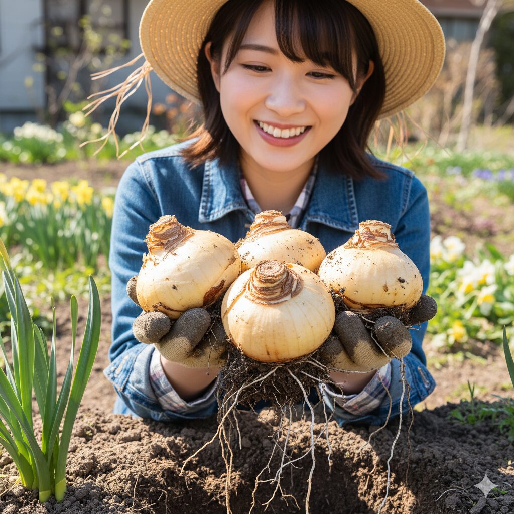 土から掘り出された、丸々と太って充実した水仙の球根。カリウムによって肥大化した健康な球根を示す。