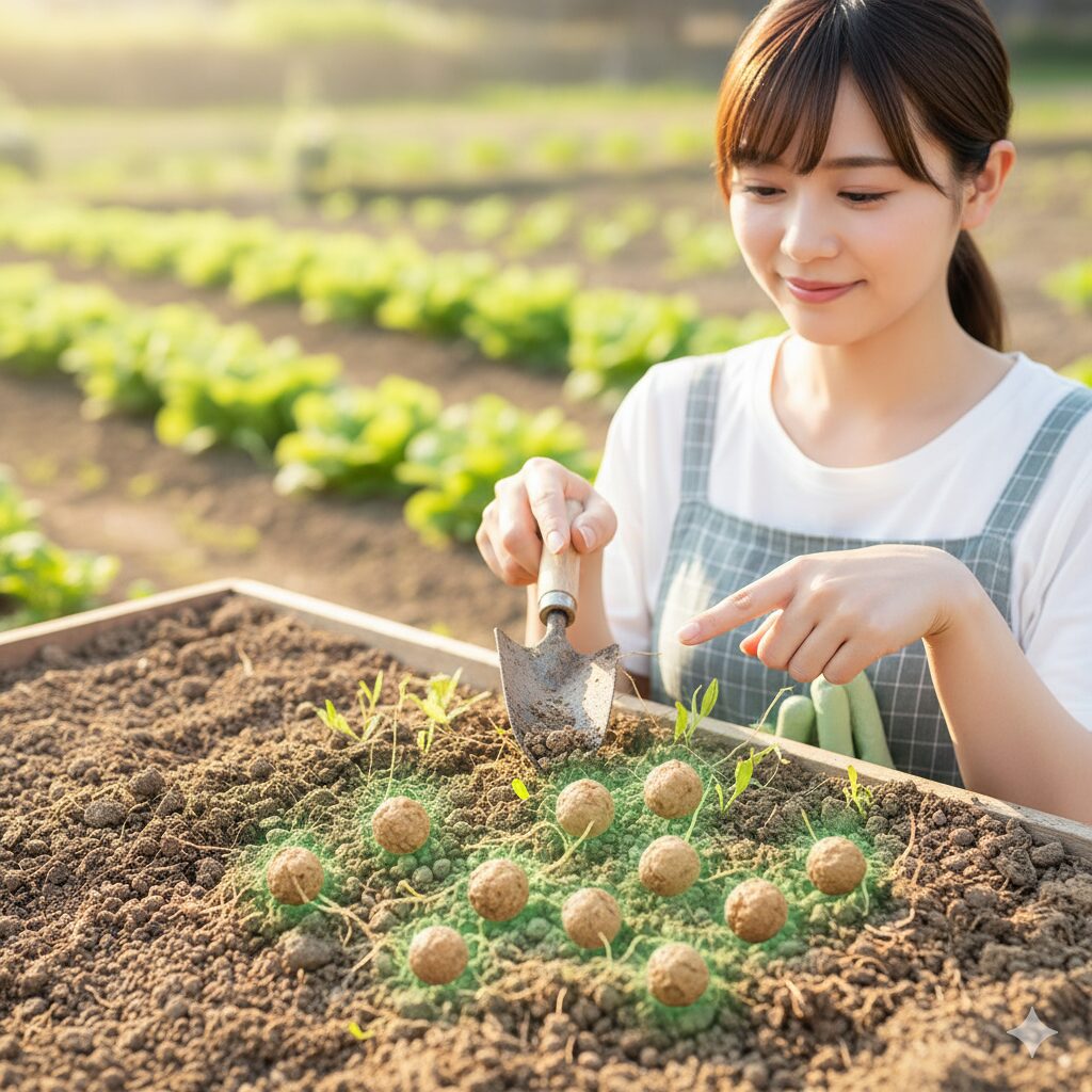 土に混ぜ込まれた状態の緩効性固形肥料の粒。時間をかけて養分を放出する固形肥料の特性を表現する。