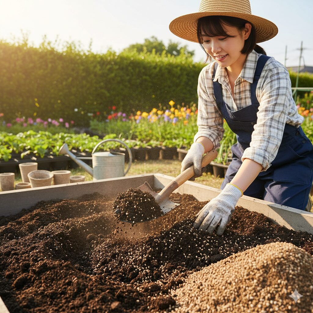 植え付け前に土と肥料をシャベルや手で均一に混ぜ合わせている様子。元肥の混和作業の重要性を強調する。