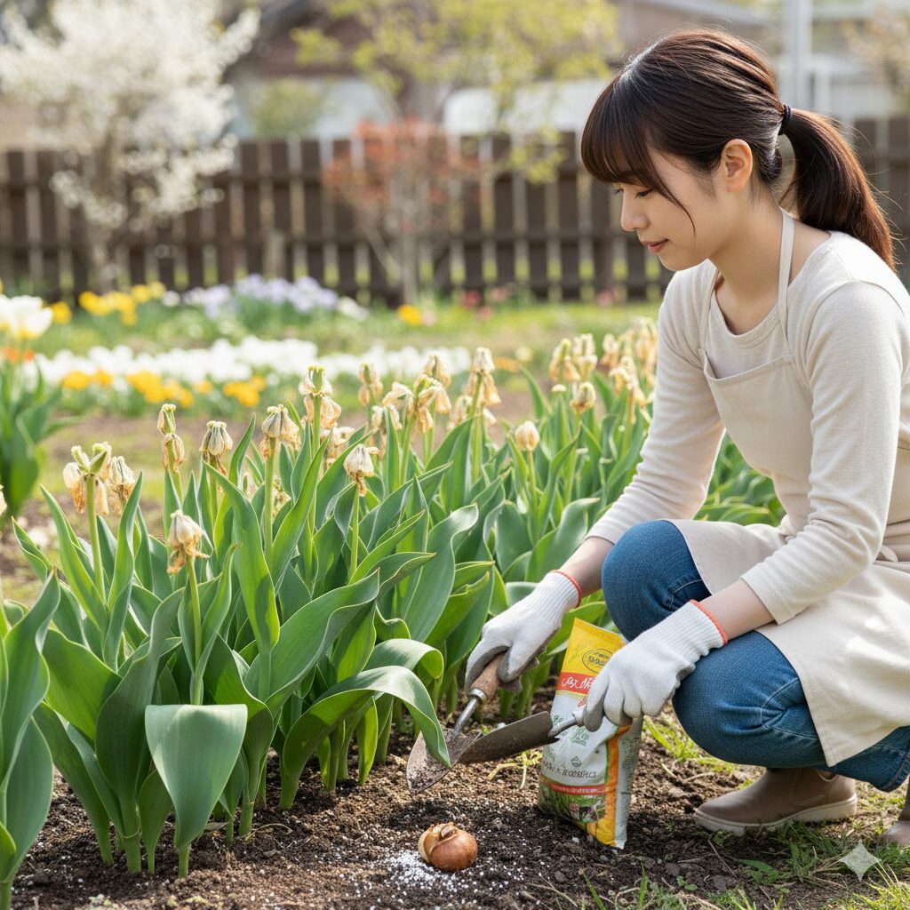 花が終わりかけ、葉がまだ緑色をしているチューリップの株。花後の追肥が必要な時期と球根肥大化のイメージ。