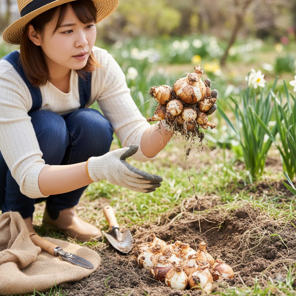 地中から掘り出され、親球の周りに子球がたくさんついた水仙の球根。過密状態と分球の必要性を示す。