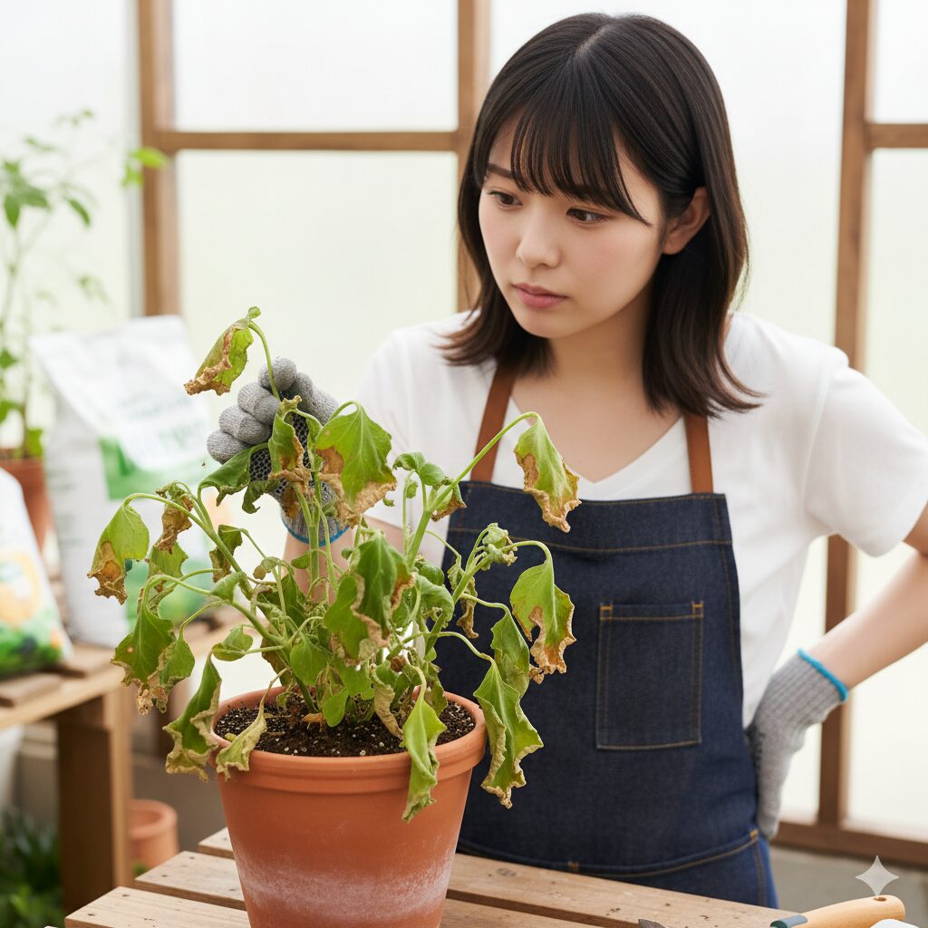 肥料焼けにより葉の先端が茶色く枯れて萎れてしまった植物のクローズアップ。肥料焼けの典型的な症状を示す。