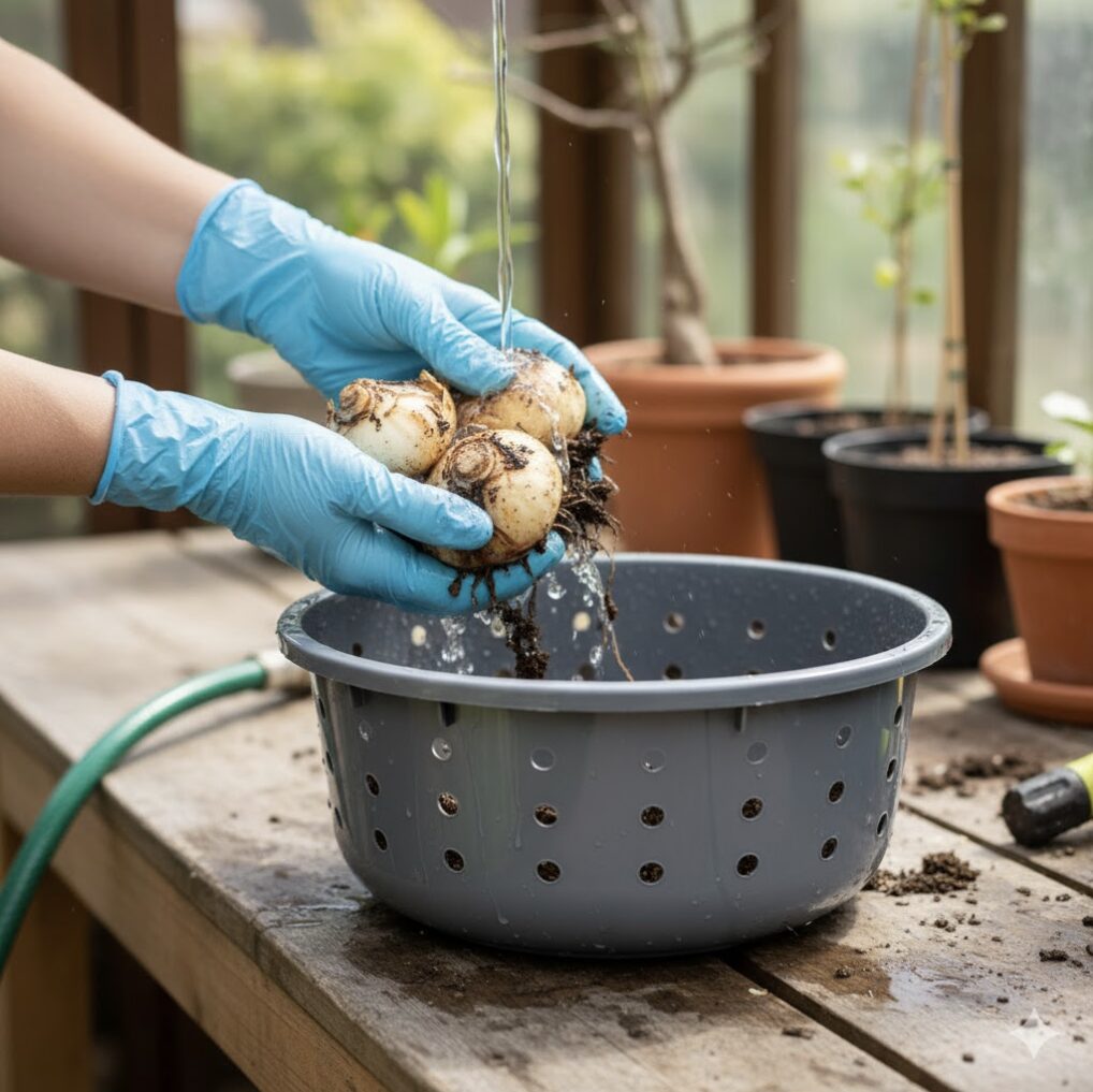 掘り上げた球根の洗浄、消毒、日陰での乾燥、ネットでの保存方法を示すステップバイステップの図