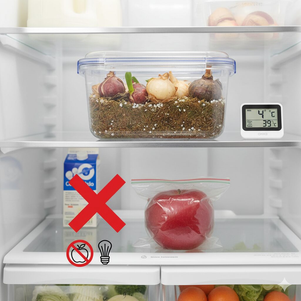 球根を冷蔵庫で処理する方法と、エチレンガスを出すリンゴとの同梱を禁止する図解。