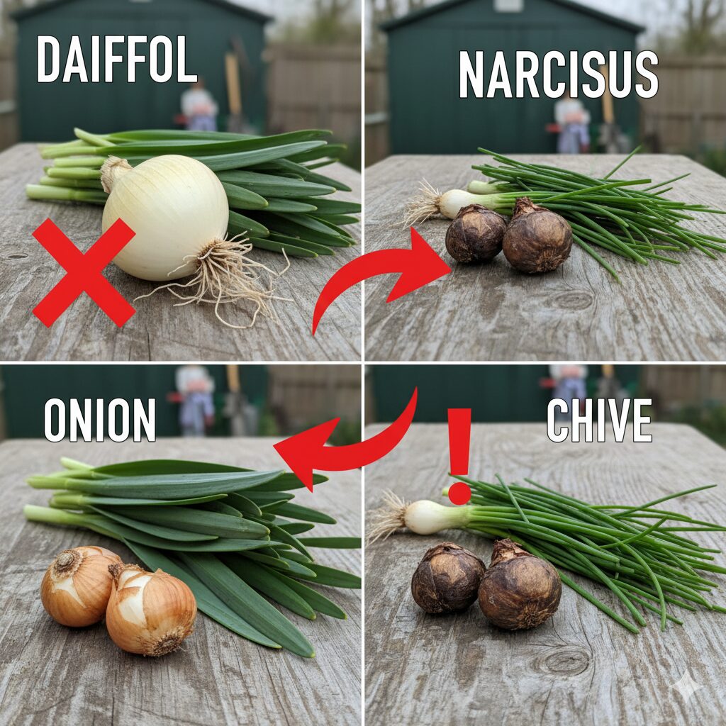 スイセンの球根とタマネギ、スイセンの葉とニラを比較し、誤食の危険性を示す警告イラスト。