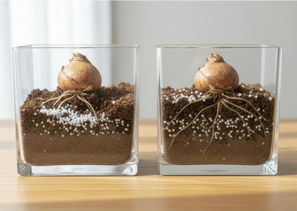 球根の肥料焼けを防ぐ正しい元肥の施し方（NG例：直接接触、OK例：土と混ぜる）を示す断面図。