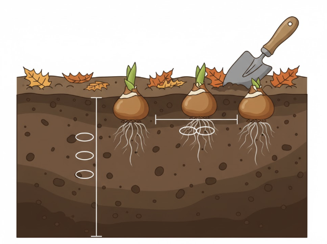 秋植え球根の地植えにおける正しい深さ（球根の2～3倍）と間隔（球根2～3個分）を示す図解。