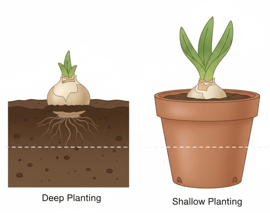 球根の地植え（深植え）と鉢植え（浅植え）の植え方の違いを示す比較断面図。