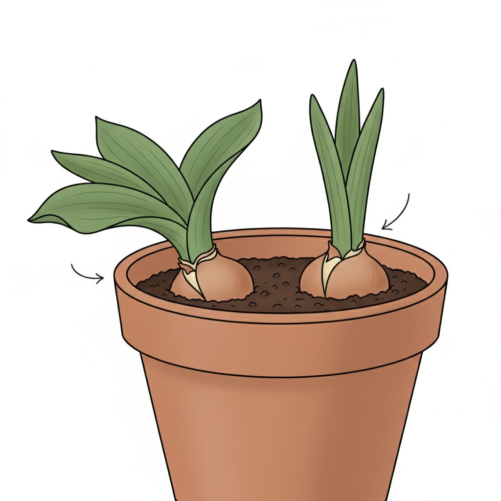 チューリップの球根の平らな面を鉢の外側に向けて植えると葉がどう出るかを示す図解。