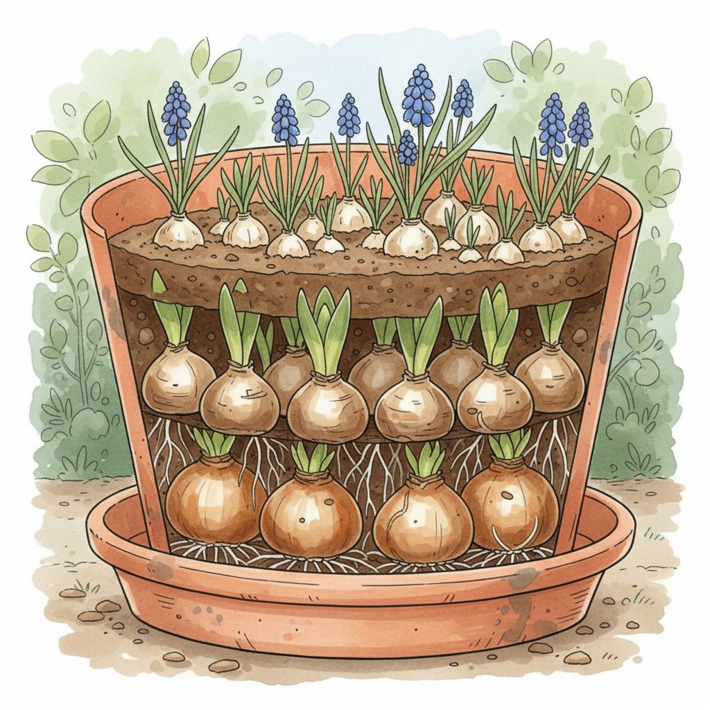 球根のダブルデッカー（サンドイッチ寄せ植え）の層構造（下層：チューリップ、中層：ヒヤシンス、上層：ムスカリ）を示す鉢の断面図イラスト。