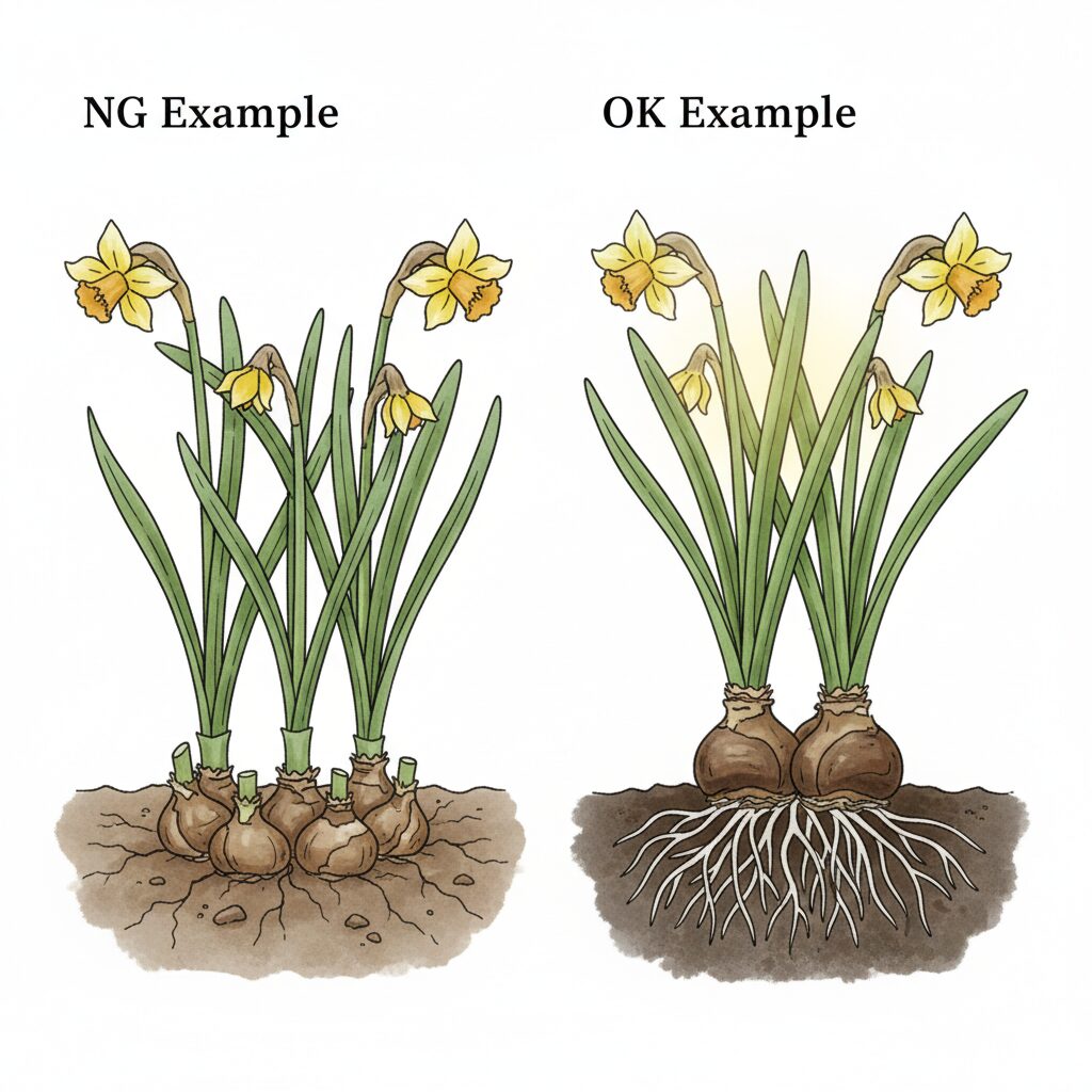 花が終わった後の球根管理で、葉を早く切るNG例と、葉を残して光合成させるOK例の比較図。