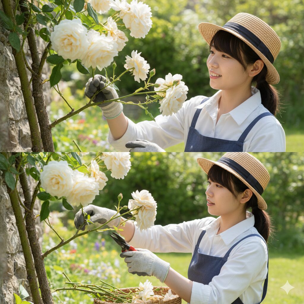 一季咲きバラの花後の剪定位置：開花後の古い枝を切り戻し、新しい枝の成長を促す図解。