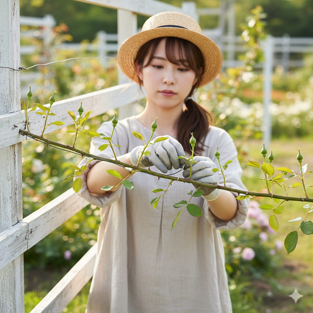 つる薔薇の水平誘引の仕組み：枝を水平に曲げることで枝全体から花芽が均等に出る生理学的効果のイラスト。