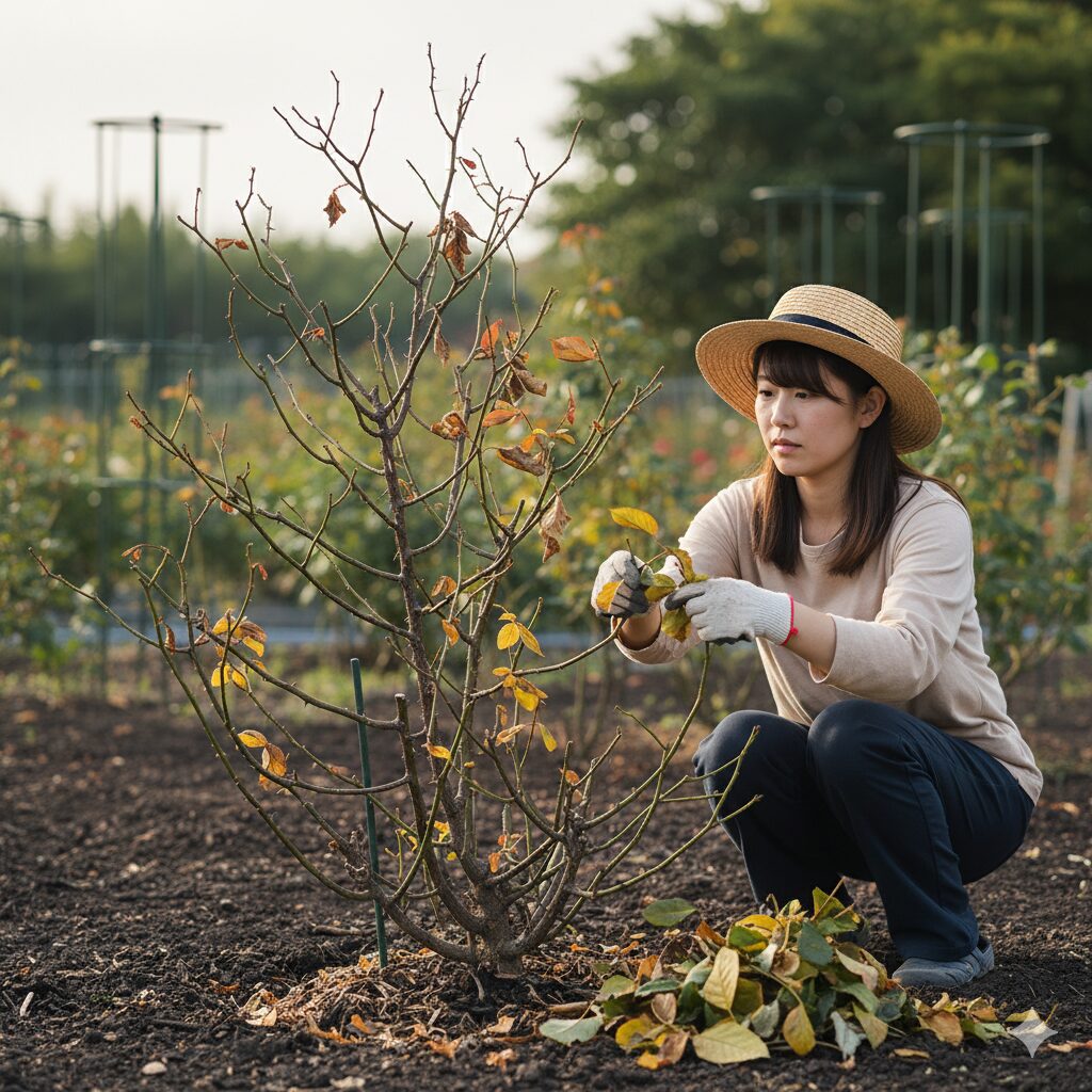 バラの冬剪定前の必須作業：古い葉をすべて取り除き休眠を誘導した株。