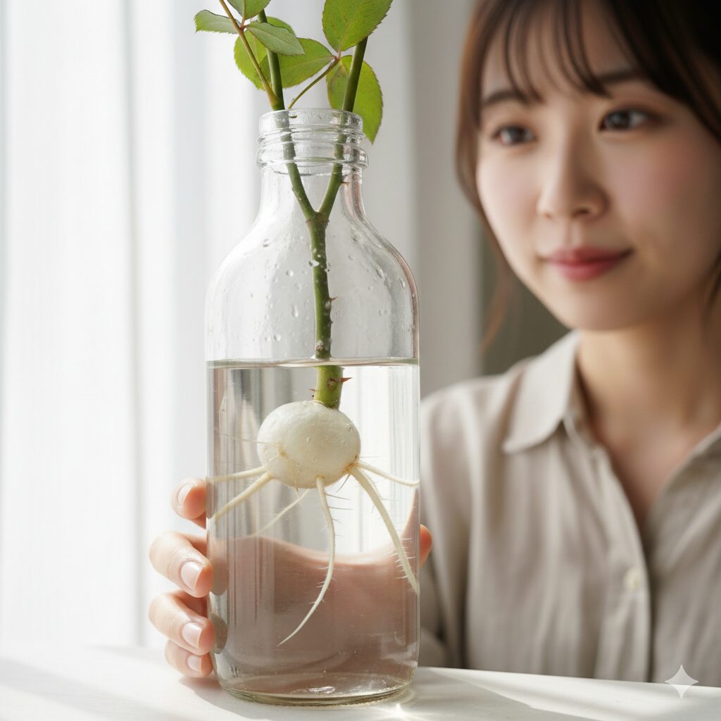 バラの挿し木で新芽が出ても根が出ていない状態と、根も出ている状態を比較し、根の成長を待つ重要性を示す図。