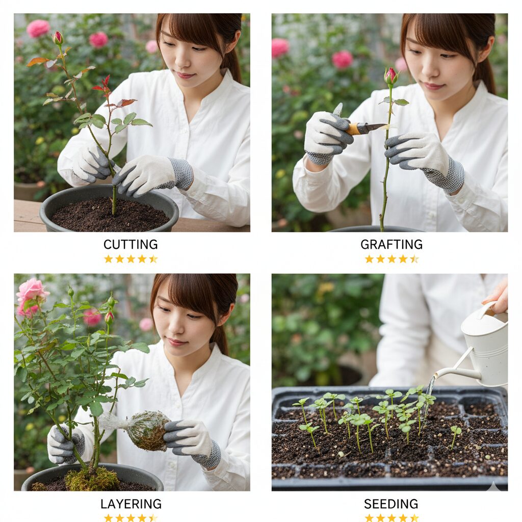 バラの増やし方4種類（挿し木、接ぎ木、取り木、種まき）の手順の概要と難易度を比較したイラスト図解。