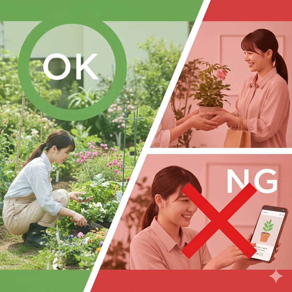 種苗法におけるバラの自家増殖ルール。家庭内での趣味栽培は許可されるが、他人への譲渡や販売は禁止されていることを示す図。