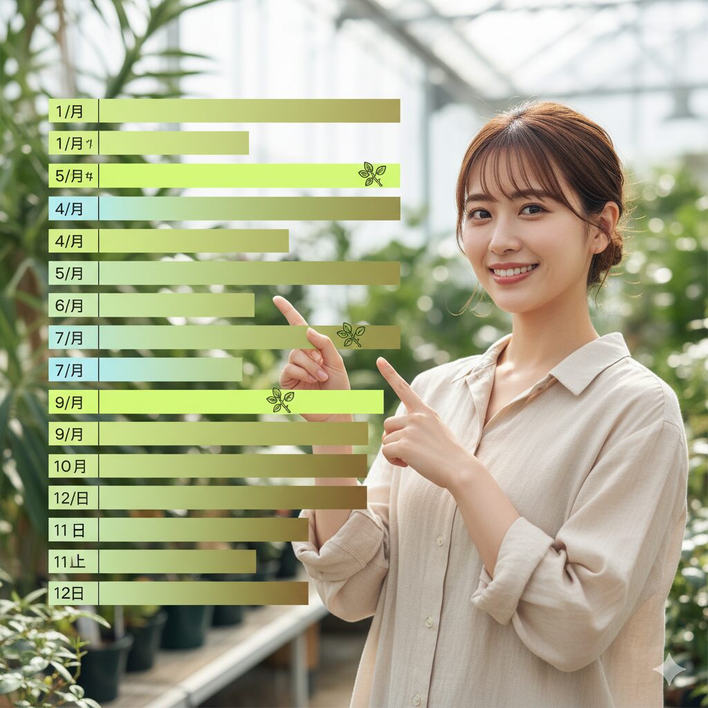 バラの挿し木の適期カレンダー。5月から7月の緑枝挿しと1月から2月の休眠挿しの最適な時期を示した栽培スケジュール表。