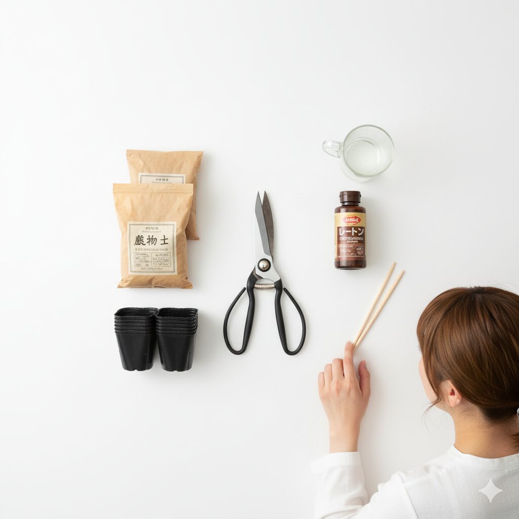 バラの挿し木に必要な道具一式。剪定ばさみ、挿し木用土、育苗ポット、発根促進剤、水入れなどが並んでいる様子。