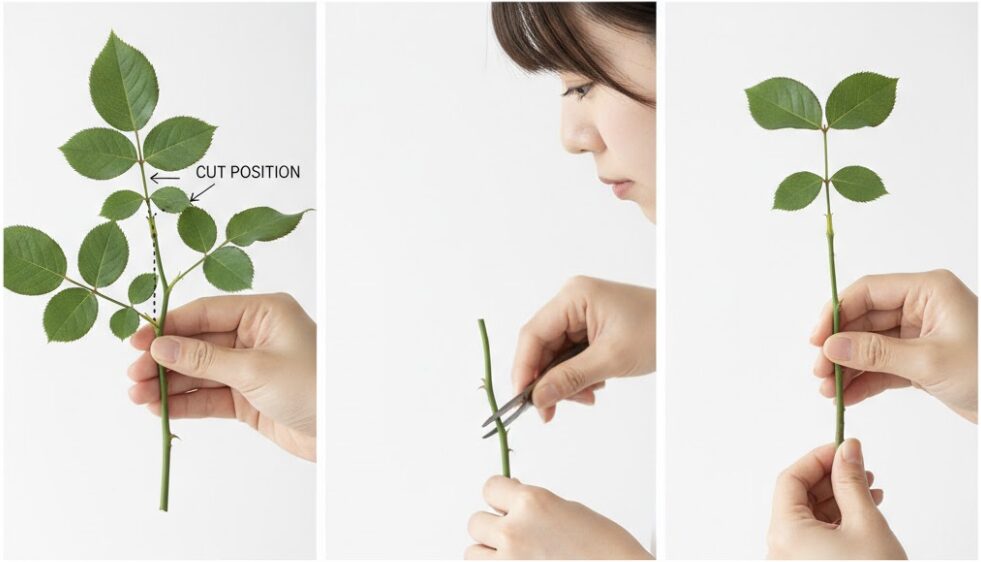 バラの挿し穂の切り方図解。5枚葉を残し、節の少し上で枝をカットする位置と、下葉を取り除く手順を示したイラスト。