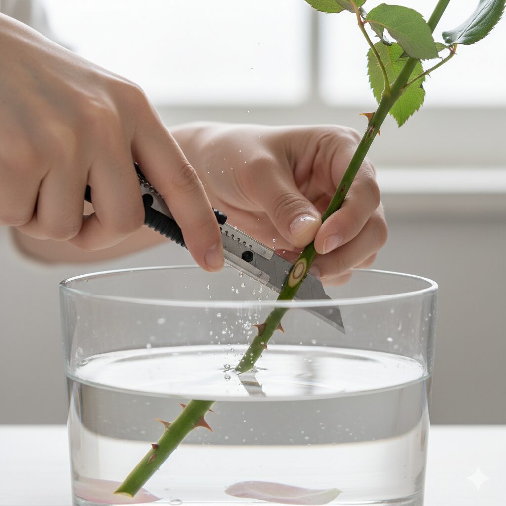 バラの枝を水の中で斜めにカットする水切りの手順。切り口の断面積を広げ、吸水を良くするための処理を示した図。