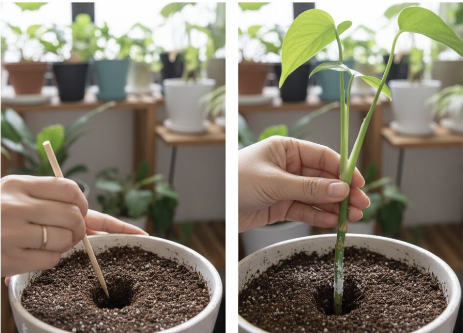 割り箸を使って土に下穴を開け、バラの挿し穂の切り口を傷つけないように優しく植え付ける手順を示したイラスト。