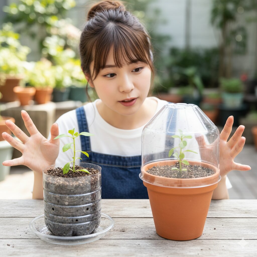 バラの挿し木における「ポット方式」と「ドーム方式」という、ペットボトルを使った2つの異なる方法を図解したイラスト。