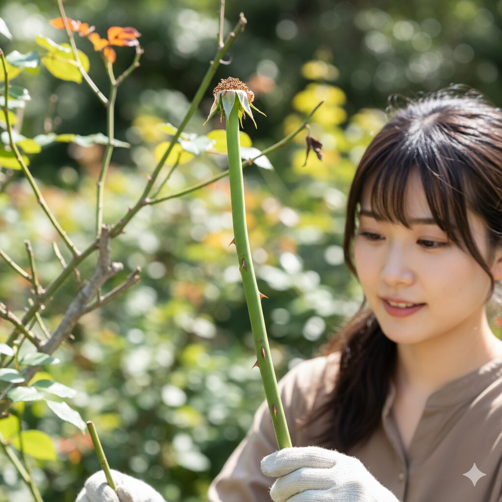バラの挿し木に適した、鉛筆ほどの太さで健康的な緑色の充実した枝を選んでいる様子をクローズアップした写真。