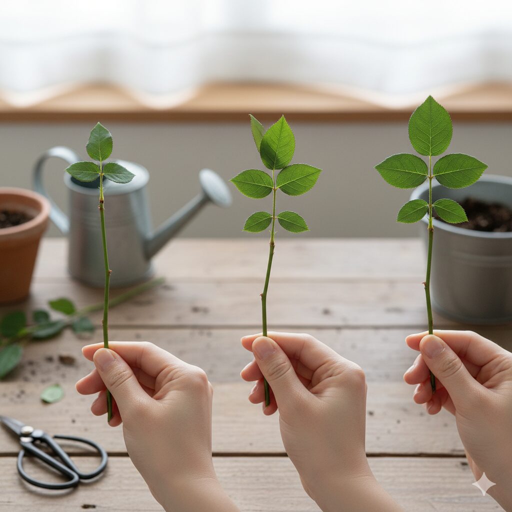 バラの挿し穂の葉を調整する手順。下葉を取り除き、残った葉を半分にカットして蒸散を抑える様子を示す。