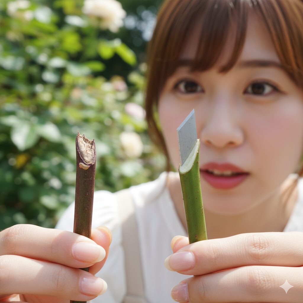 バラの挿し穂の切り口の比較。ハサミで潰れた切り口と、カッターで綺麗に斜め切りされた切り口の違いを示し、綺麗な切り口の重要性を強調。