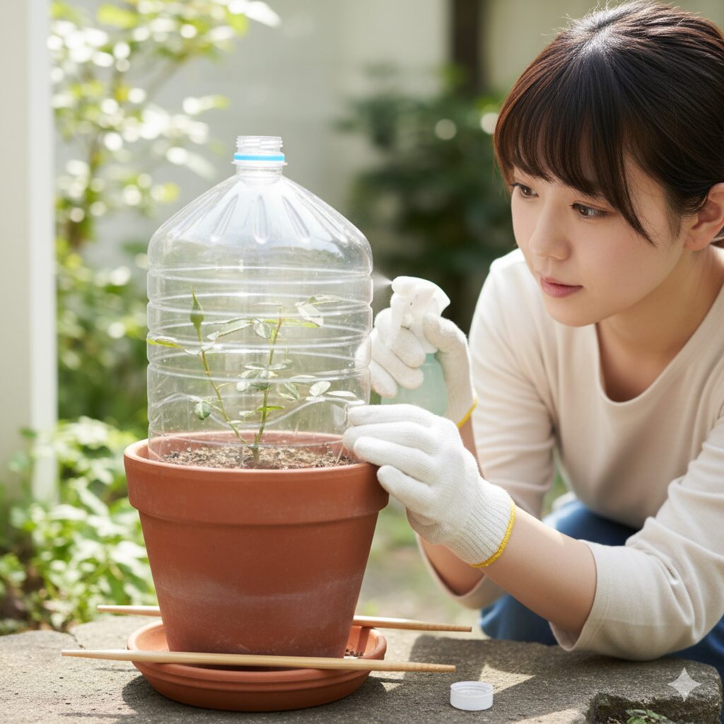 ドーム方式のバラ挿し木で、ペットボトルのキャップを外し、さらに鉢の下に割り箸を挟んで通気性を確保している様子を示す。