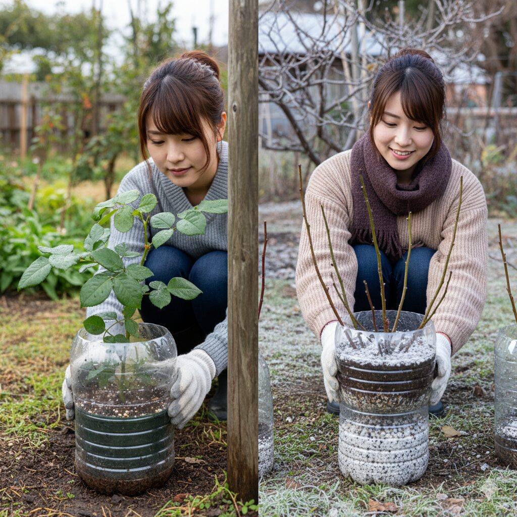 夏の緑枝挿し（ドーム方式）と冬の休眠挿し（ポット方式）という、時期に応じたバラの挿し木方法の使い分けを示したイラスト。