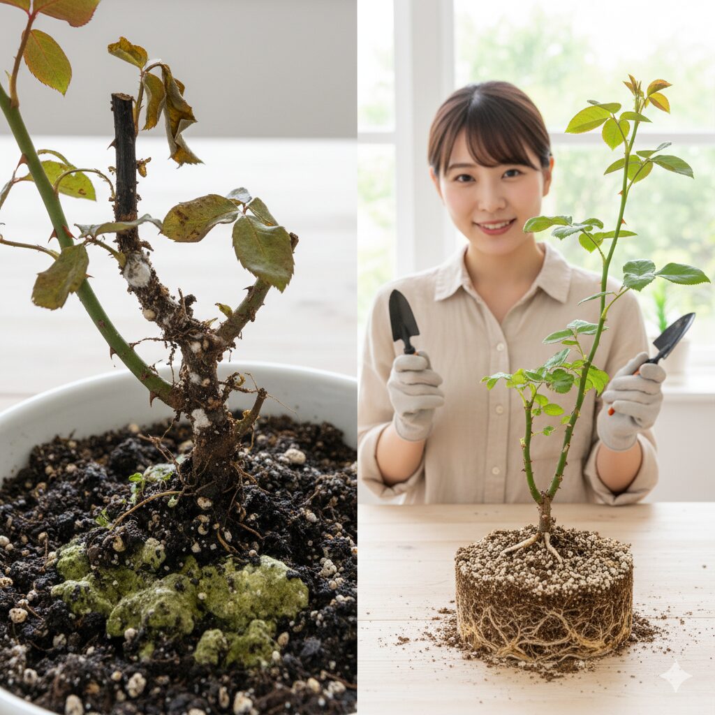 バラの挿し木がカビて腐敗してしまった状態と、成功している健康な挿し木の状態を比較した写真。