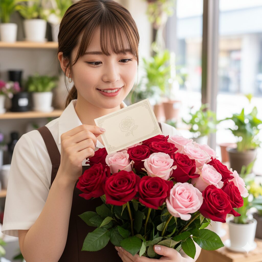 花言葉の誤解を防ぐために薔薇の花束に添えられた手書きのメッセージカード