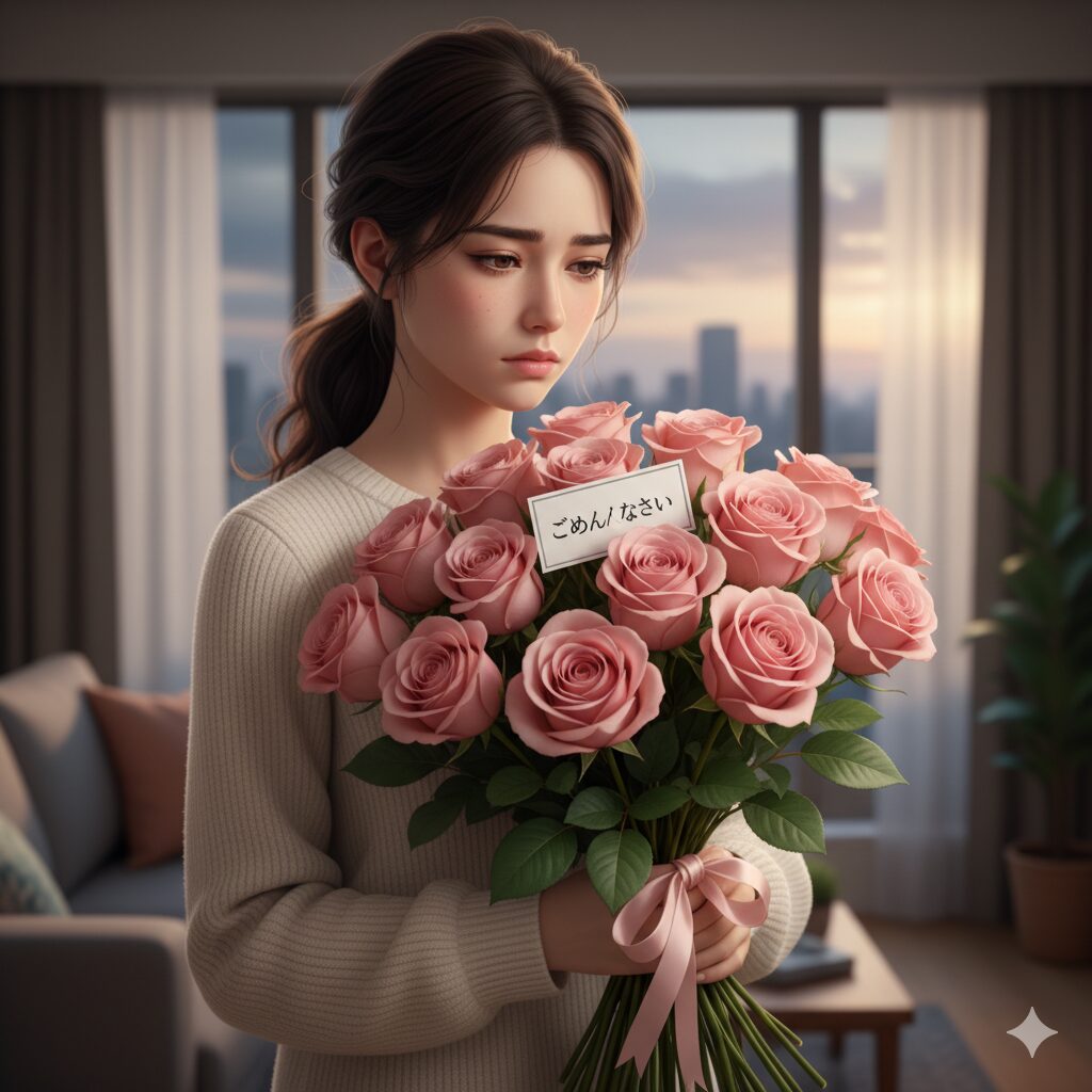 「ごめんなさい」の謝罪を意味する15本のピンクの薔薇の花束