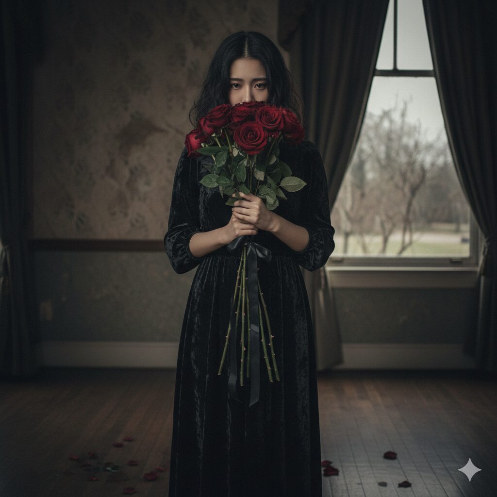 「絶望的な愛」という花言葉を持つ暗い雰囲気の17本の赤い薔薇