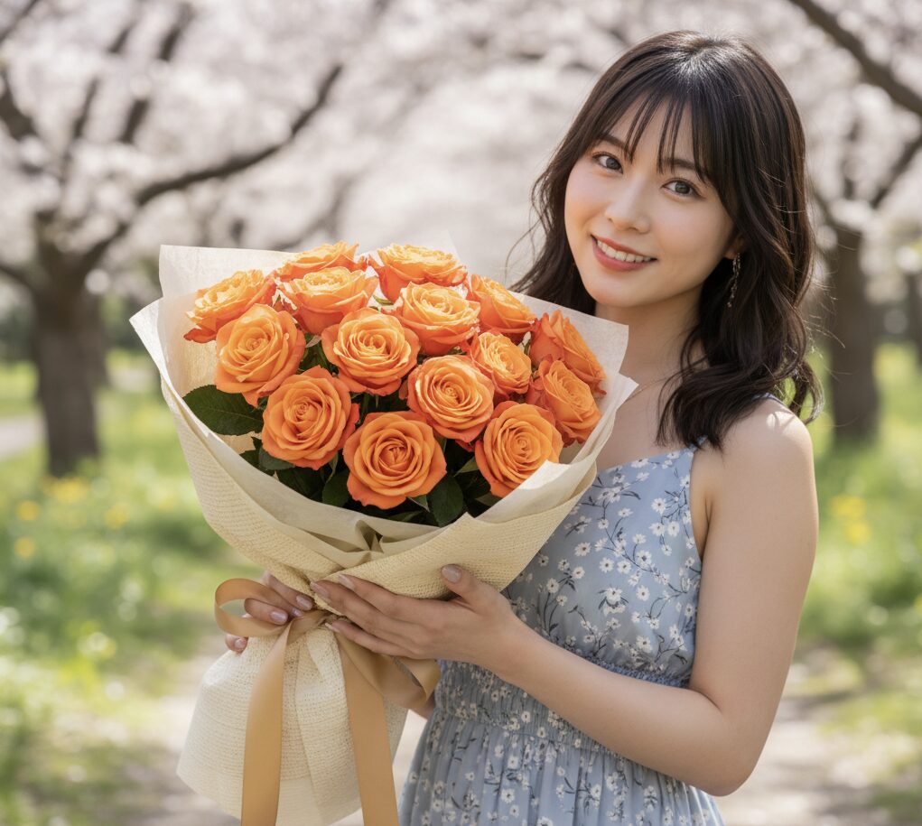 「永遠の友情」を象徴する13本の明るいオレンジ色の薔薇の花束