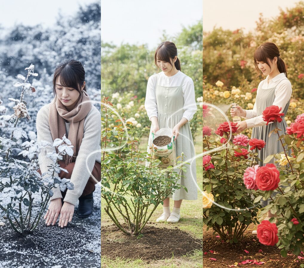 薔薇の施肥における三大柱（寒肥・元肥・追肥）の役割と時期を示した概念図