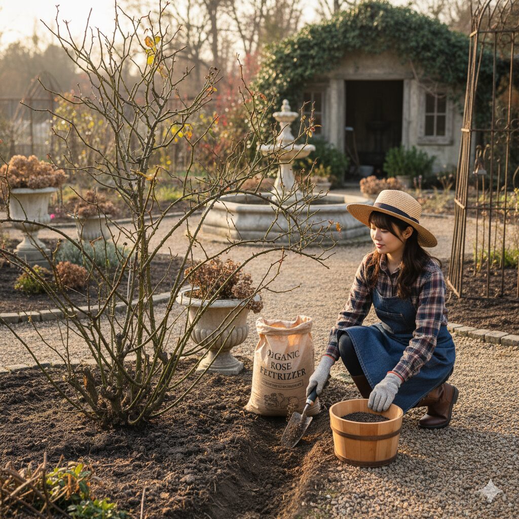 地植え薔薇の寒肥のやり方：株元から離れた枝先の真下に溝を掘り有機肥料を埋める図解