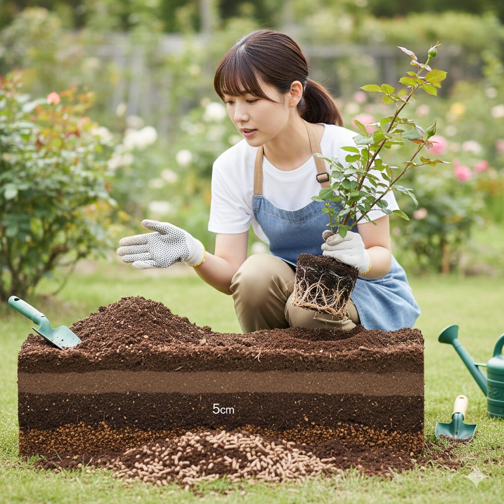 薔薇の植え付け時の元肥の施し方：根が肥料に直接触れない土の層を作った断面図