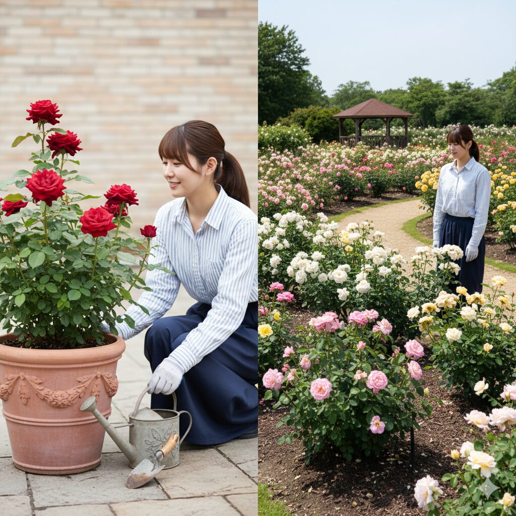 テラコッタ鉢に植えられた薔薇と広い庭に地植えされた薔薇の栽培環境の比較